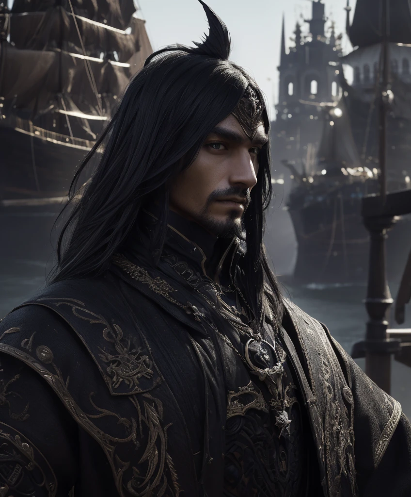 (((Single character image.))) (((Solo focus.))) score_9, score_8_up, score_7_up,Human male warrior with long black hair, dark pirate-swashbuckler fashion and a sinister appearance like that of a villain.  Dark complexion.  Attractive male features.  Focus on upper body, face and hair  He is well-dressed, very attractive and alluring, wearing expensive fine fantasy clothes.  He prefers dark colors.   Sinister charm and charisma.   Very fit and muscular.  He has a look that inspires devotion. Background is an eerie port town with pirate ships. hyper detailed, gothic art, trending on artstation,intricate details, ultra detailed,, ultra detailed clothes, epic masterpiece, ultra detailed, intricate details,  award winning, fantasy art concept masterpiece, trending on Artstation, digital art, unreal engine, 8k, ultra HD, centered image A sense of despair is sensed in the image., best quality:1.0,hyperealistic:1.0,photorealistic:1.0,madly detailed CG unity 8k wallpaper:1.0,masterpiece:1.3,madly detailed photo:1.2, hyper-realistic lifelike texture:1.4, picture-perfect:1.0,8k, HQ,best quality:1.0,