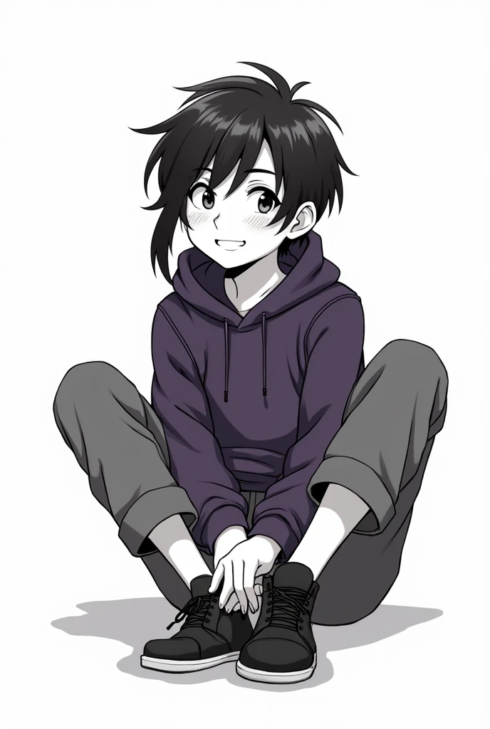 A boy sitting with his leg and smiling and he had a dark tone and plain background with a dark purple hoodie, black casual shoes and  grey cargo pants looking in left side with sliky hair like anime boy , line art image,  no blush black and white line art like manga