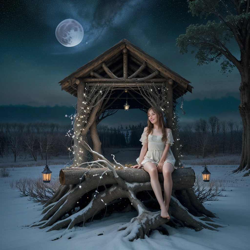 An angel girl sits on the branch of a giant dead tree、Angels are watching here、smiling、A cabin is visible in the distance、Pale Full Moon、Starry Sky、Light of Lamps、Looks Real. Fantasy art、Illustration art、Very ethereal、Beautiful lighting, 16k ultra HD images