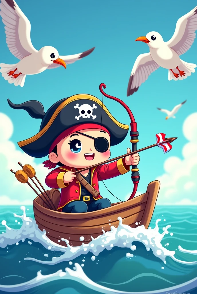 Create stickers for archery club.Chibi style. Pirate figure sitting on a boat sailing through waves, just archery. Cheerful style