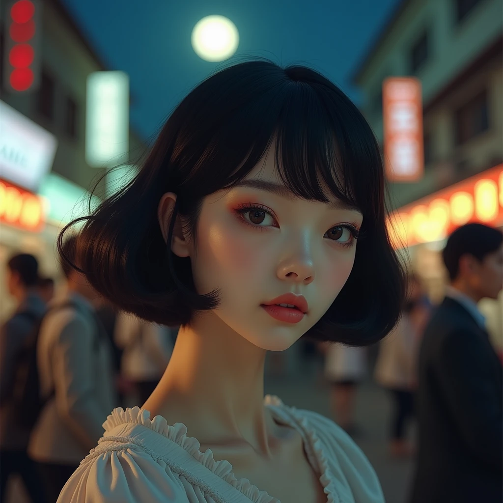 masterpiece, Highest quality, Miranda, (Half Body Shot,Street lamp,moon),masterpiece, One person, Solo Exhibitions, Beautiful woman on a busy street, Surrounded by peddlers, Beautiful Goddess Girl Portrait, Beautiful and elaborate face, Porcelain-like skin, (((Bust Shot, center, night, Black Hair, short hair)), Very soft lighting, Symmetric, complicated, Elegant, Attention to detail, realism, art, concept art,