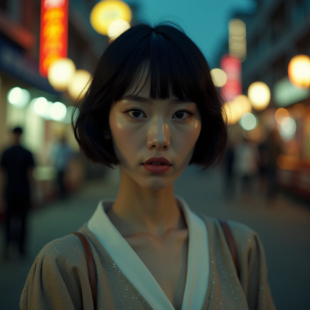 masterpiece, Highest quality, Miranda, (Half Body Shot,Street lamp,moon),masterpiece, One person, Solo Exhibitions, Beautiful woman on a busy street, Surrounded by peddlers, Beautiful Goddess Girl Portrait, Beautiful and elaborate face, Porcelain-like skin, (((Bust Shot, center, night, Black Hair, short hair)), Very soft lighting, Symmetric, complicated, Elegant, Attention to detail, realism, art, concept art,