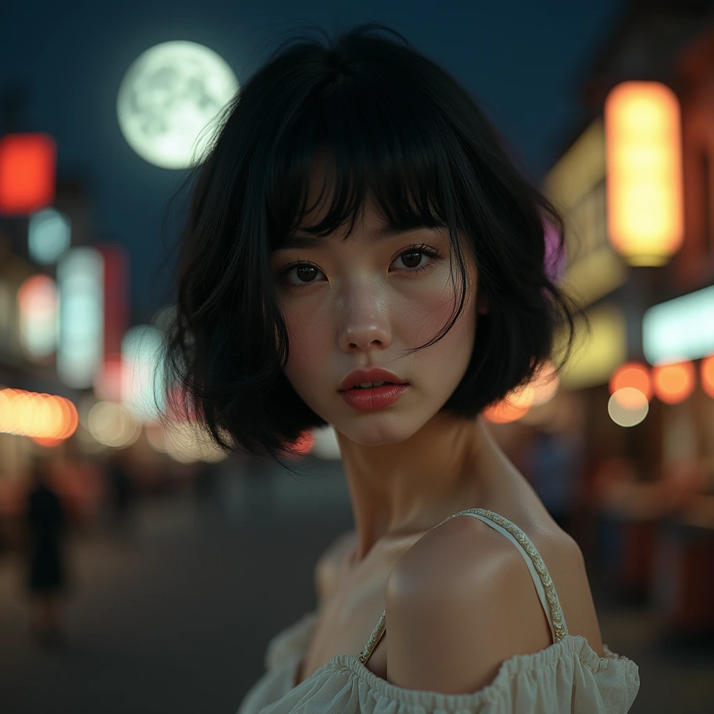 masterpiece, Highest quality, Miranda, (Half Body Shot,Street lamp,moon),masterpiece, One person, Solo Exhibitions, Beautiful woman on a busy street, Surrounded by peddlers, Beautiful Goddess Girl Portrait, Beautiful and elaborate face, Porcelain-like skin, (((Bust Shot, center, night, Black Hair, short hair)), Very soft lighting, Symmetric, complicated, Elegant, Attention to detail, realism, art, concept art,