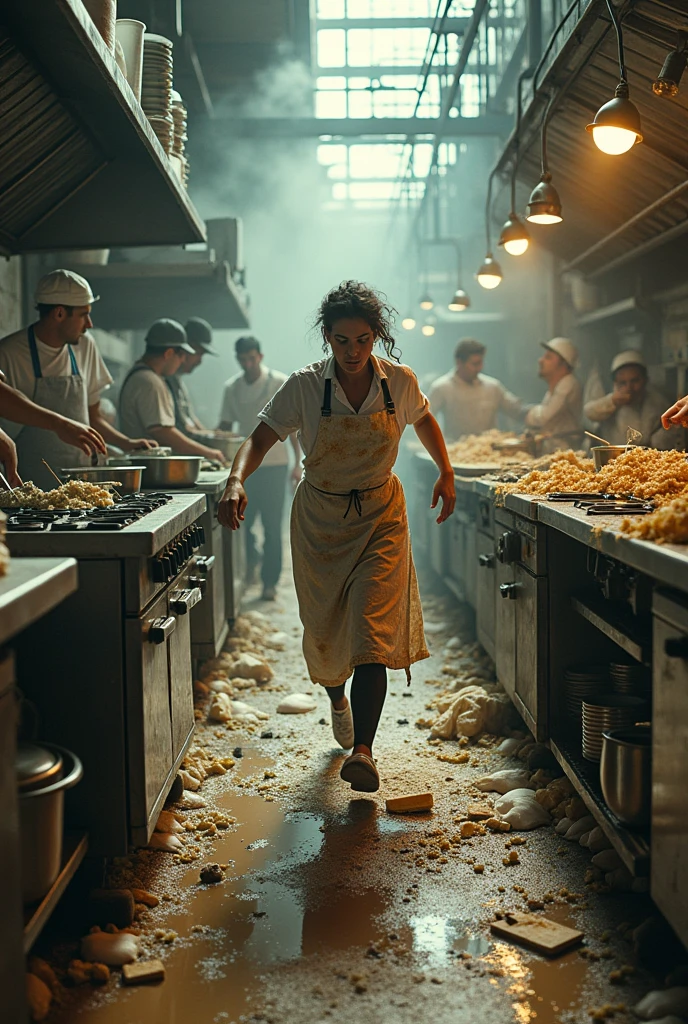 A picture of an industrial kitchen that is even more dangerous when it comes to kitchen safety. Places are dirty and greasy, with spilled oil and a person slipping on it. It's more like a battlefield with too many people.