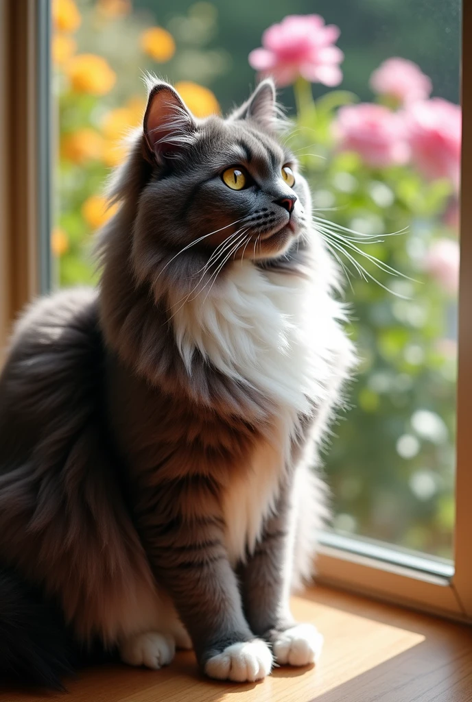 cat, fluffy, grey, he has white fur on his neck, yellow eyes, two cute fluffy ears, and he sits by the window