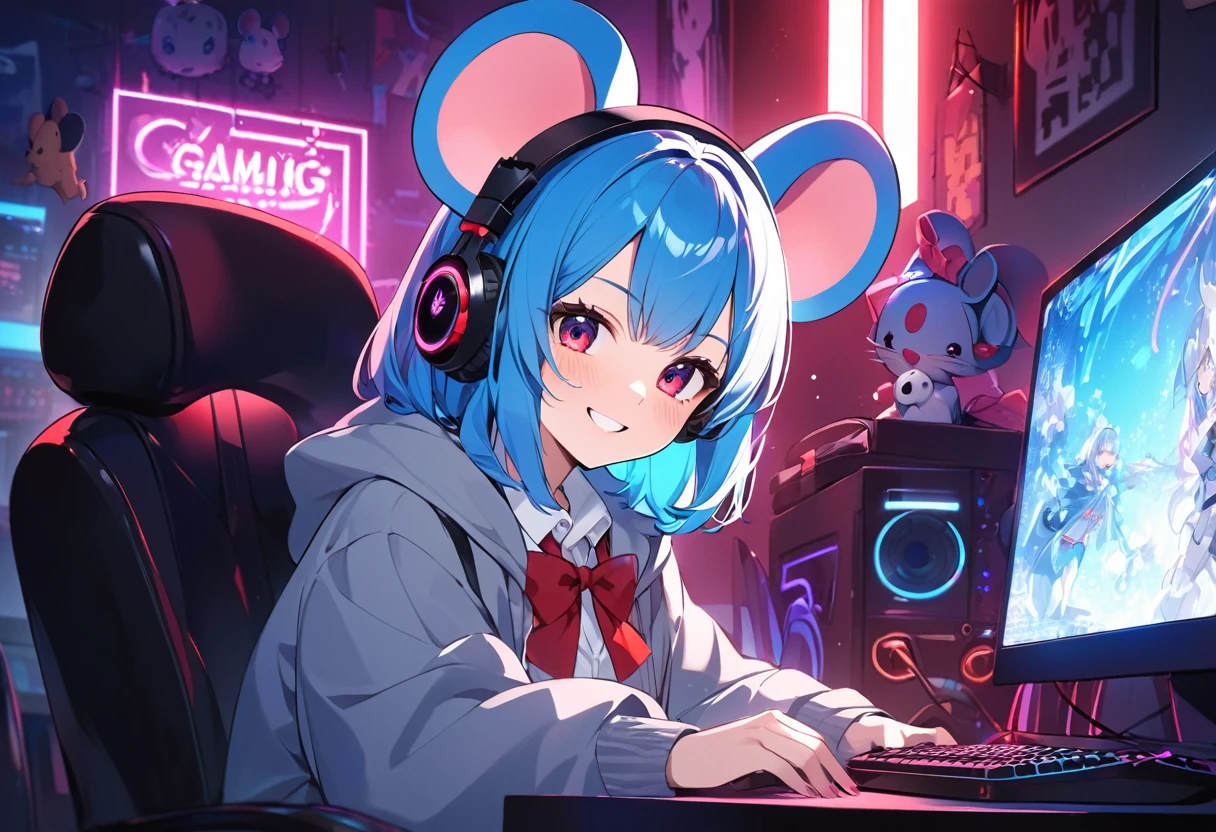 Blue Hair Girl、Hoodie with hood、{gray hoodie, hood up,Hoodie with big mouse ears}、High School Uniform、{White collared shirt、Red bow tie},smile、Dark Room、Using a gaming PC、Headphones、Desktop type gaming PC with visible internal structure illuminated by neon lights、
