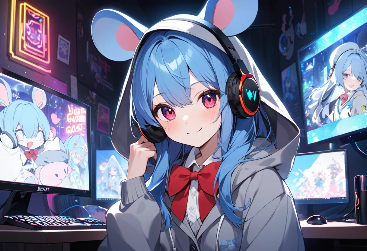 Blue Hair Girl、Hoodie with hood、{gray hoodie, hood up,Hoodie with big mouse ears}、High School Uniform、{White collared shirt、Red bow tie},smile、Dark Room、Using a gaming PC、Headphones、Desktop type gaming PC with visible internal structure illuminated by neon lights、