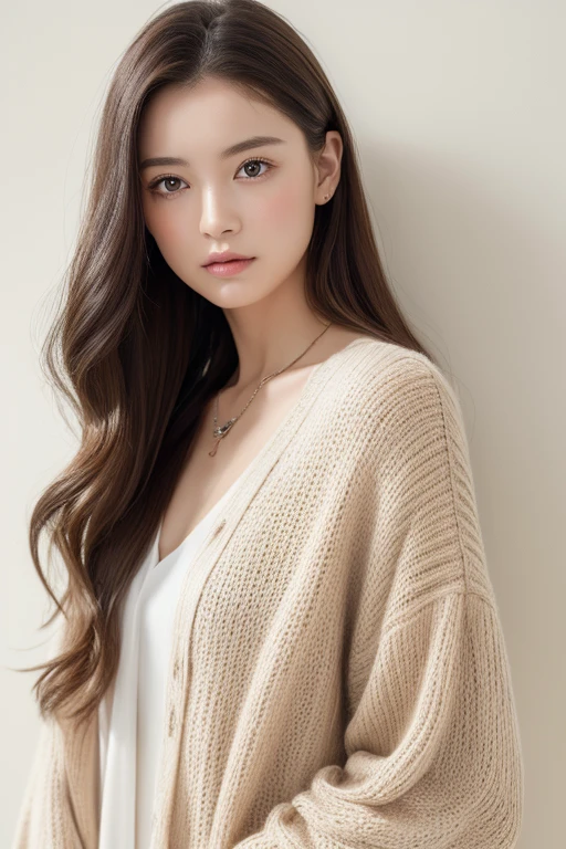 ((highest quality, 8k, masterpiece :1.3)), 1 girl, (Long Hair :1.2),Photographed in front of a white wall、Photographed in natural light、pastel cardigan :1.1, Top view、super Detailed face, Fine Eyes,(Highly realistic photos, High resolution, Detailed face, Fine Eyes)、Japanese women, 28 years old, A variety of expressions, alone:1, Various Hair Styles, Casual clothing, Only one person in the photo、Long sleeve dress、Photographed in natural light、Simple Necklace、Spring Clothes、Don&#39;t look at the camera、profile、Dark brown hair color