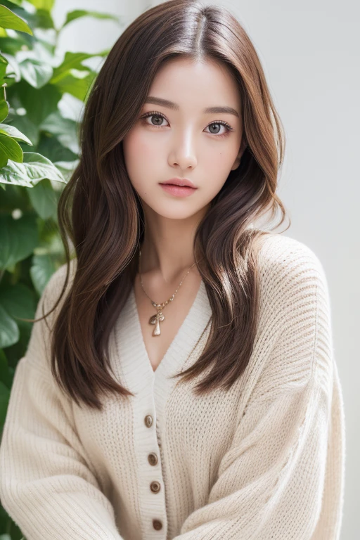 ((highest quality, 8k, masterpiece :1.3)), 1 girl, (Long Hair :1.2),Photographed in front of a white wall、Photographed in natural light、pastel cardigan :1.1, Top view、super Detailed face, Fine Eyes,(Highly realistic photos, High resolution, Detailed face, Fine Eyes)、Japanese women, 28 years old, A variety of expressions, alone:1, Various Hair Styles, Casual clothing, Only one person in the photo、Long sleeve dress、Photographed in natural light、Simple Necklace、Spring Clothes、Don't look at the camera、profile、Dark brown hair color