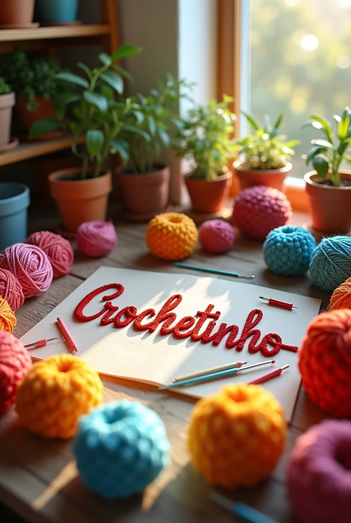 Scenario with crochet materials (lines, needles and markers), written Crochetinho in the center