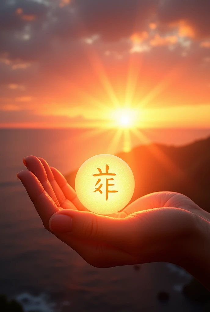 Open hand with a ball of light with the symbol cho ku rei in the center, sunrise background