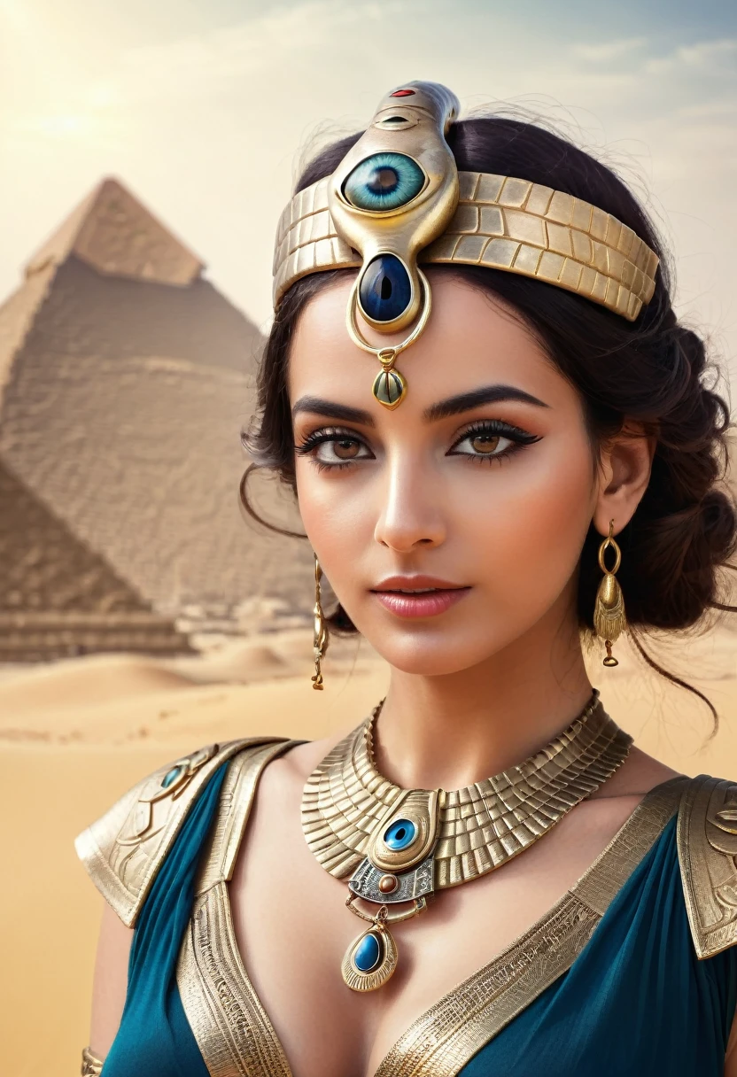 An Egyptian beautiful woman with snake crown, evil eye ancient necklace, ancient jewelry, standing in a desert nearest to a pyramid.