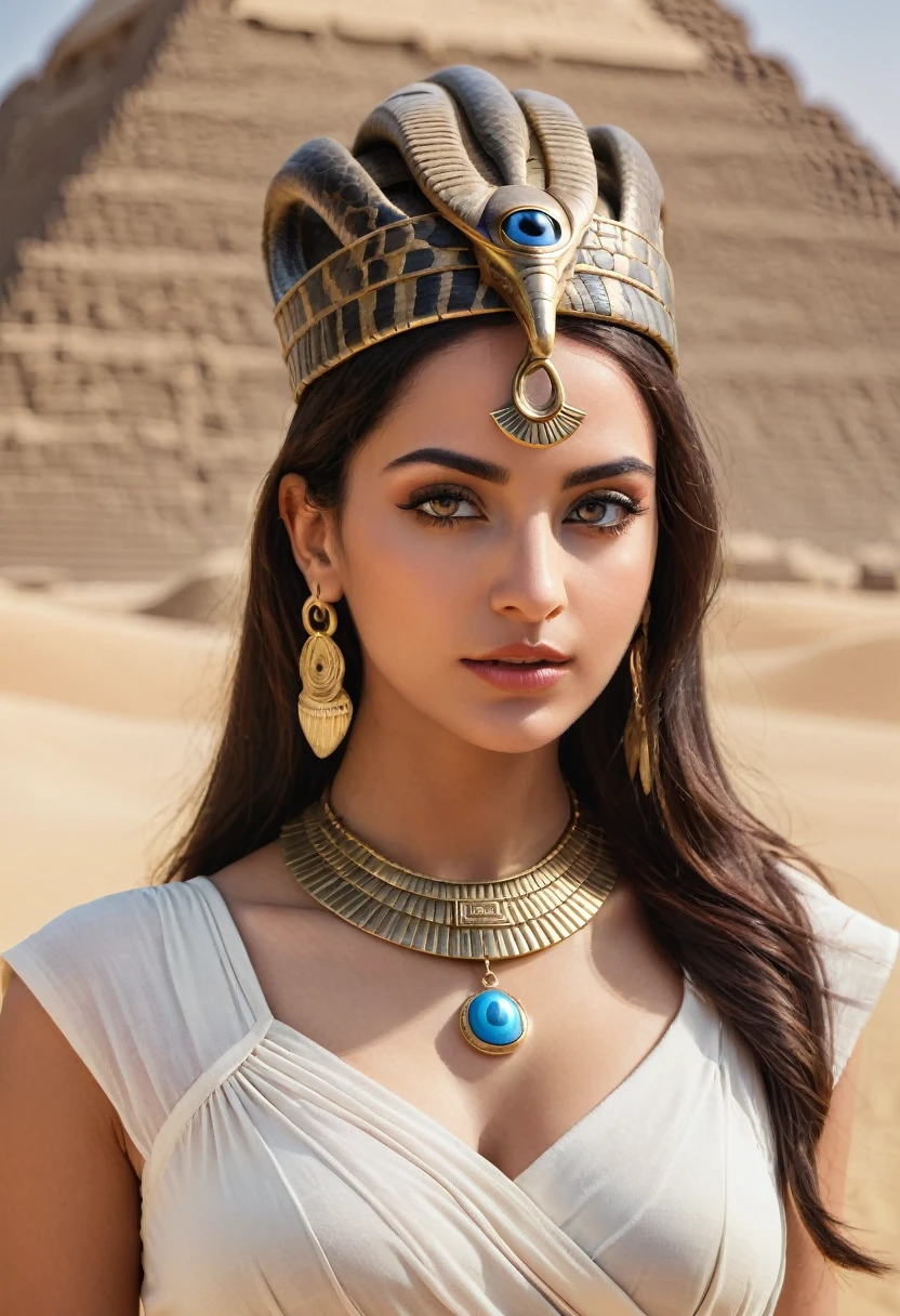 An Egyptian beautiful woman with snake crown, evil eye ancient necklace, ancient jewelry, standing in a desert nearest to a pyramid.
