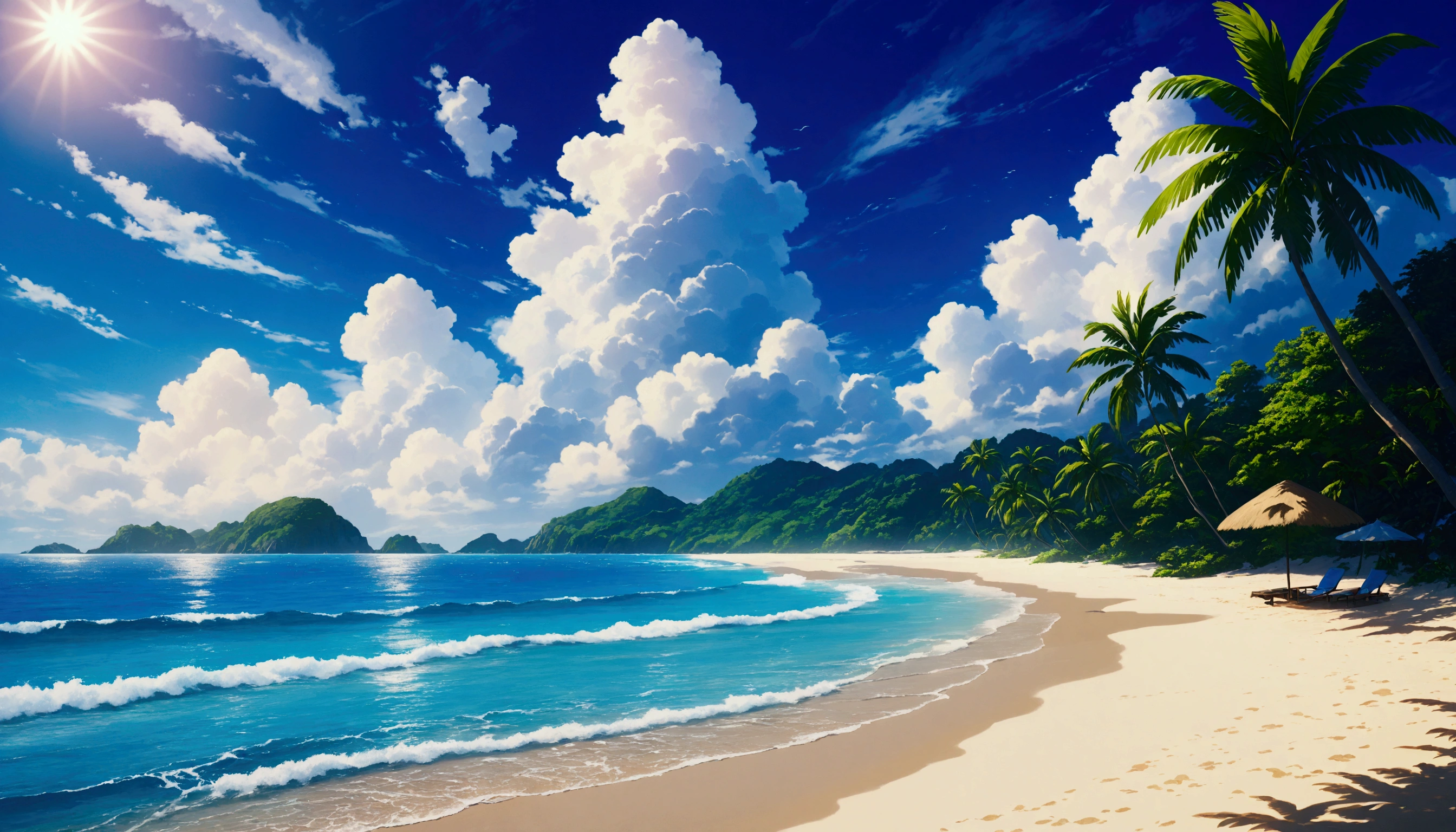 Tropical Beach,Summer Clouds,Daytime,Highest quality, 8k, High resolution, masterpiece:1.2, Very detailed, Realistic:1.37, High resolution, 超High resolution, Very detailed, Professional, Vibrant colors