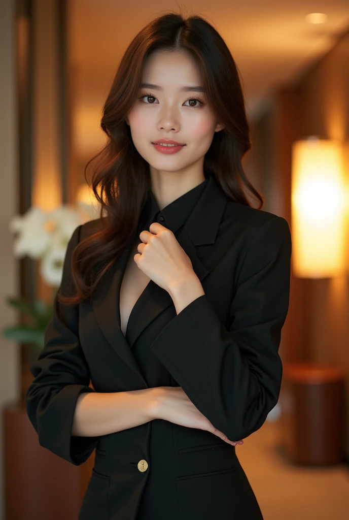 An elegantly dressed Japanese woman in natural light、Brown Hair、Double eyelids、(Large Breasts:1.5)and cleavage、Breast Sharpness Focus、A calm expression was captured、sexy、It shows her inner peace and outer charm.。Hotel Staff Uniforms、Esbian all over body