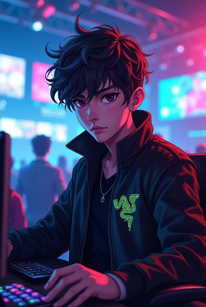 anime pro gamer.  The name is Razor. The color of the jacket is black with the mlbb logo on the column