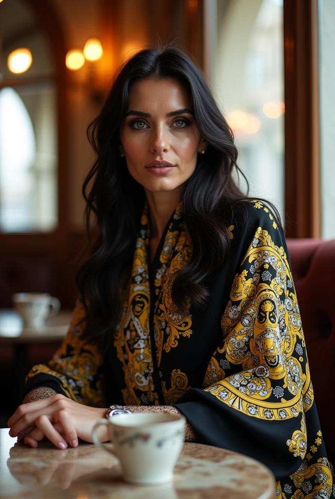 (photorealism:1.2), beautiful 41-years-old woman with long dark hair, blue eyes, smokey eyes, strong make-Up, wearing a very shiny black white yellow versace pattern silk scarf, sitting in a typical coffeehouse in Vienna.