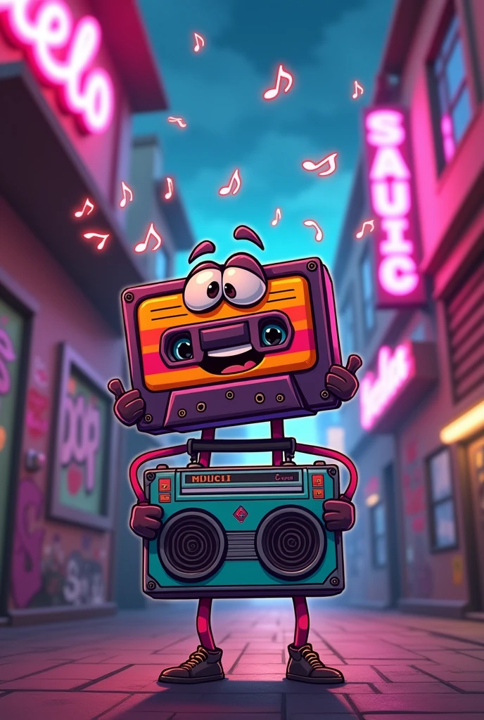 An animated cassette tape, holding an object on your shoulder