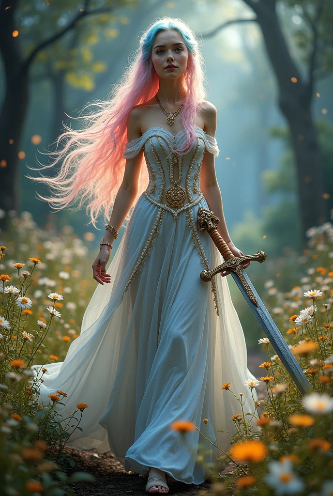 A very beautiful girl, Young and sexy, Your hair is half pink and half blue.. Your skin is white and delicate, with golden magical symbols tattooed on it, and your body is covered in a shimmering golden powder., your eyes are silver, She is noble e possui vestes chiques e elegantes porém é uma aventureira filha de uma fada, She is noble, She is also a bard and loves music, She's always with her delicate lute, besides carrying her beautiful sword, Because she is a bard, she is always with her lute in hand and her beautiful sword sheathed, She also wears high heels, she carries the mandolin in her hands and her sword at her waist or carries it on her back.