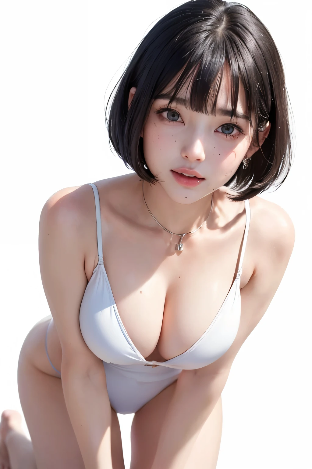 masterpiece, Highest quality, Ultra-high resolution, Highly detailed portrait, (Photorealistic photography: 1.4), (1 person) ((1 person, White skin, Kneel, From above, Looking up at the audience, Look up at the camera, Face close-up, 19 years old, cute, cute, cute black hair, Bob_cut, short hair, Big Breasts、Very large breasts)) (Bikini Swimwear, A simple two-tone blue and white swimsuit, Shiny shiny swimsuit, Shiny swimsuit with reflective surface, Soaking wet) (Portraits of famous Japanese actresses), (smile, Happy, Joyful, Hilarious, Close your mouth), (chestを両腕の間に挟み込む), Eye for detail, ((A truly pure white background, No background)), ((Long neck, bangs, bangs, cute face, Gaze looking at the camera, eyelash, Big eyes, Transparent double eyelids, Teardrop-shaped moles, Glowing Skin, Fair skin type, Lip gloss))、(masterpiece, Highest quality),one person&#39;s, alone, Black-haired,Realisticで全てを詳細に美しく描画する, have, Realistic, Realistic, Looking at the audience, Light-coloured black eyes, ショートブルネットBob, Brown coat,, lips, prohibit, Plein Air, Upper Body、Big eyes、Beautiful view of sparkling snow lassi))、(((bangsのあるショートBobヘア:1.4、Shiny Hair、prohibit:1.4、Big eyes、large full chest、Accentuate the eyes、Gazing at the audience、Beautiful beauty、Listen carefully、Long neck、Laugh a little、smile、Ideal body type)))、{Huge|big|Hugeな|Mega} chest:2, chestの谷間:2、大きなchestの谷間を見せる
