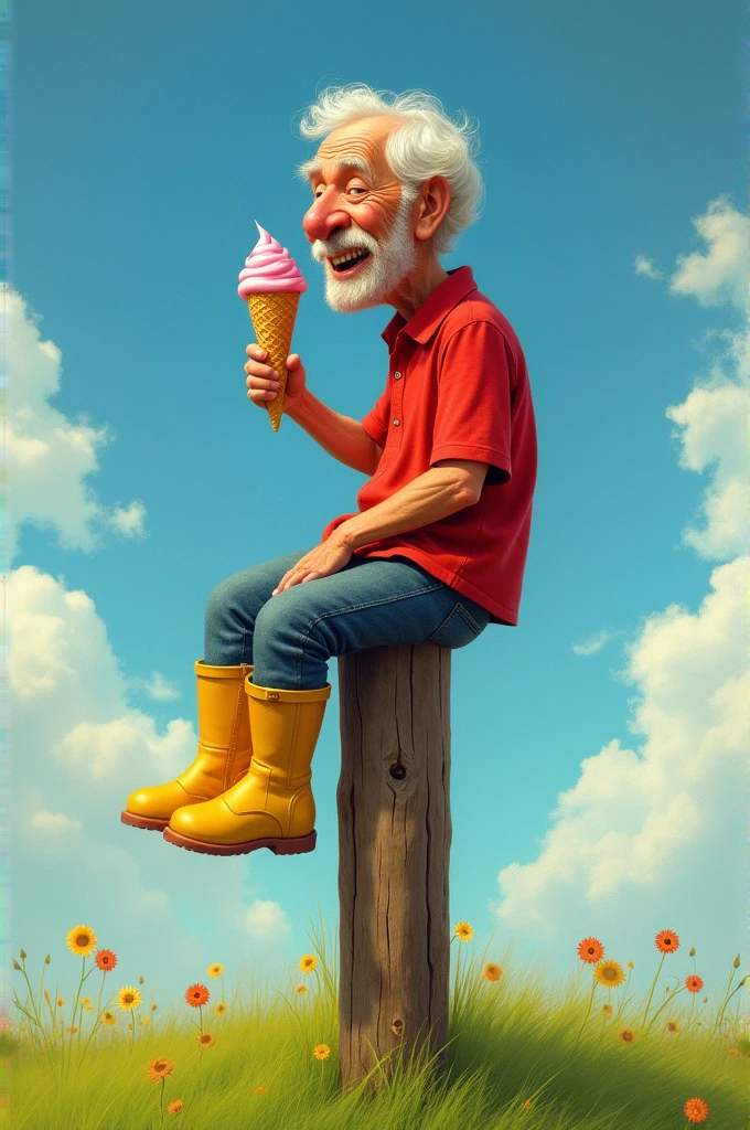 Create an old man sitting on a pole eating ice cream with a red shirt and yellow boots