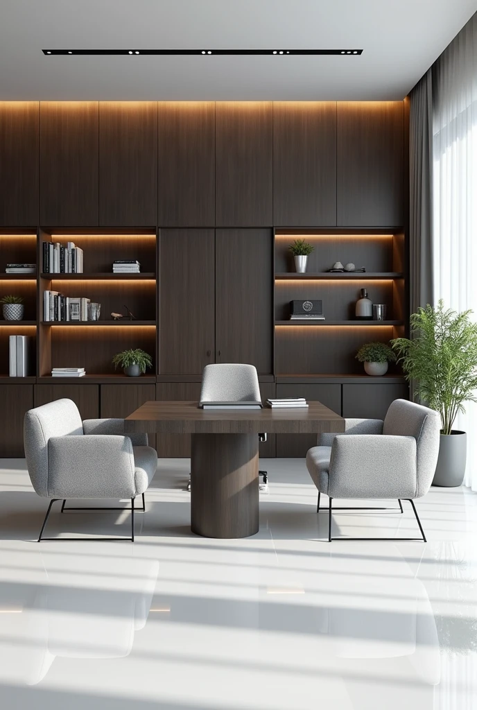 Elegant office design with a 3m x 6m background. Behind the desk is the background wall. On this wall I want a modular design with serial wood panels and shelves. And in front of the desk two small sofas. The floor and walls are white.