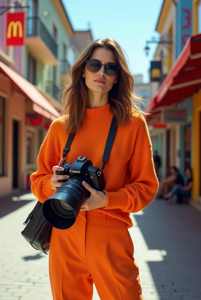 female photographer wearing fashion clothing orange sweater and straight pants  2d highquality