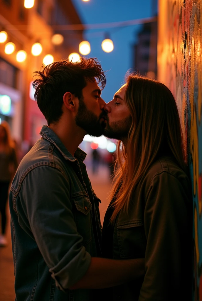 Two men kissing and a woman watching