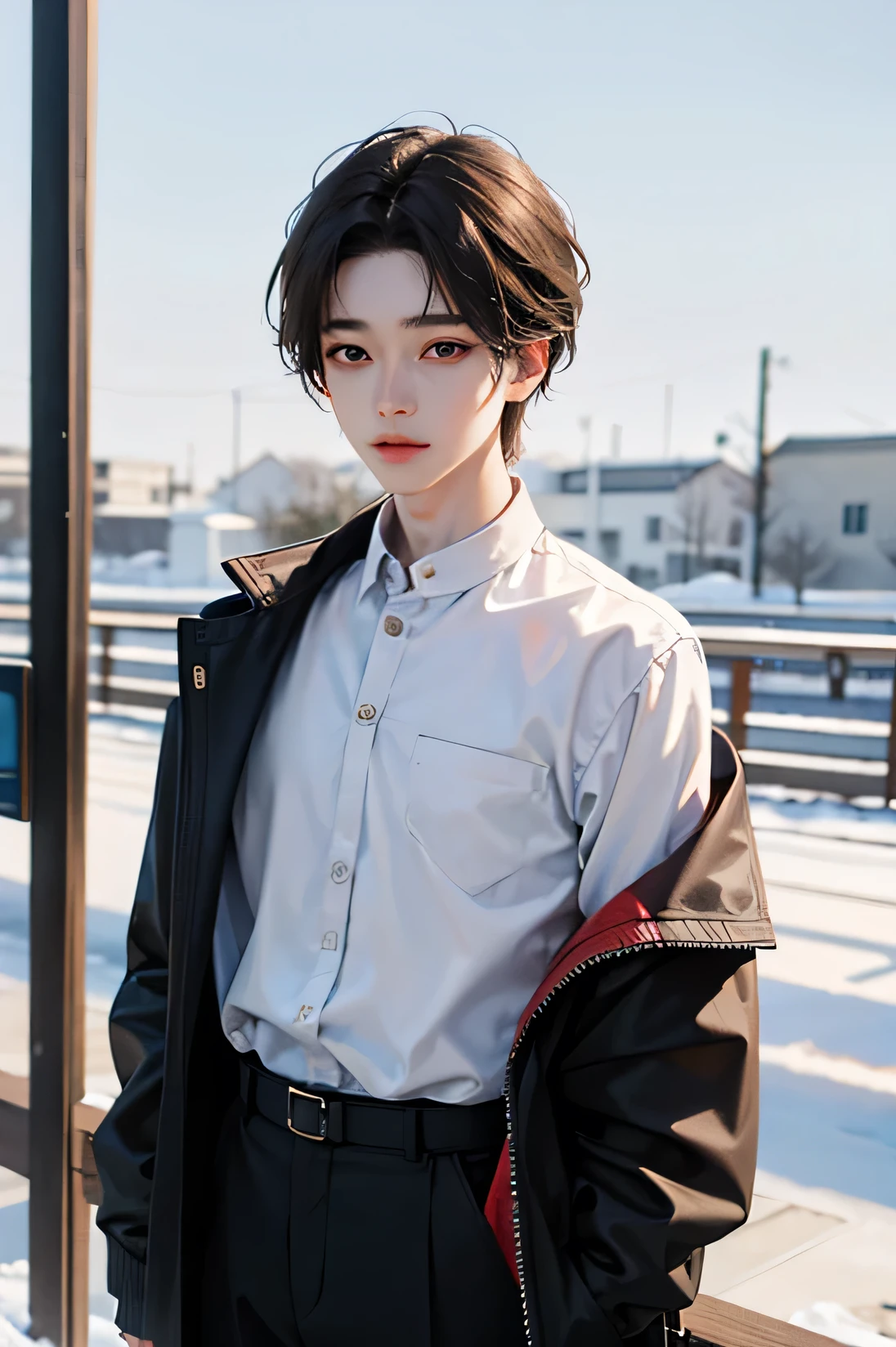 One boy, light brown hair, White skin, 18 years old, super detail, masterpiece, 8k, korean, amazing, Idol, high quality, Refreshing, high quality, androgynous boy, Refreshing, winter, clear, Natural lighting, Make your eyes look more natural, prime, The season of snowfall, High Quality, 한winter, white shirt, black pants, student, broad shoulders