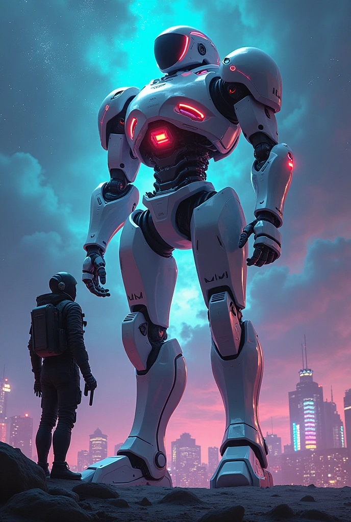 3-meter tall robot with an exposed pilot, cyberpunk style, space explorer, releasing drones from its armor 