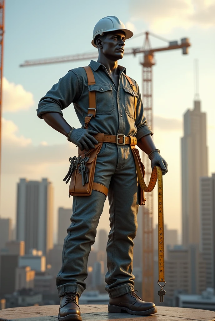 Create a statue of the current world, with work clothes and white helmet, only with a bunch of keys on the waist and a tape measure or measuring tape on the waist and the person has to be white.