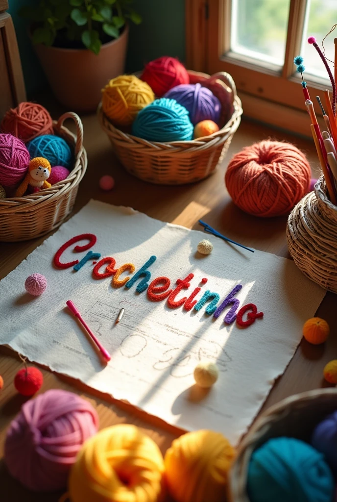 Scenario with crochet materials (lines, needles and markers), written Crochetinho in the center