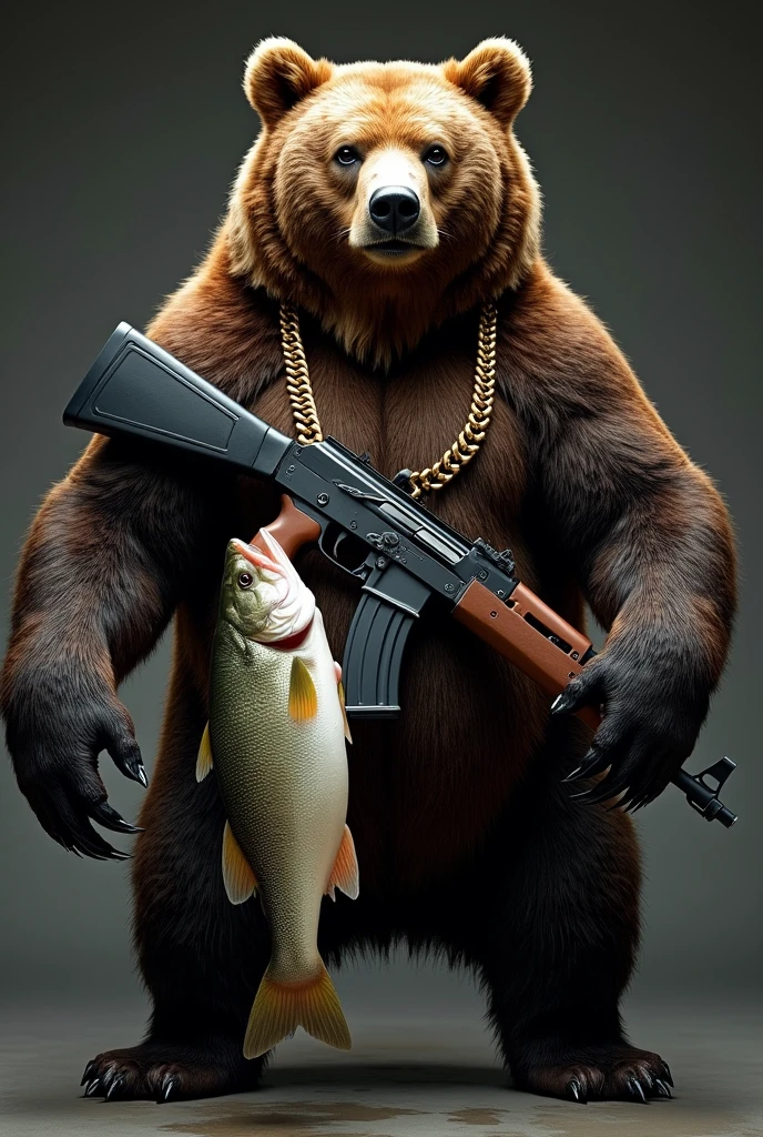 Backgroundless image of a bear holding an AK-47 around its neck, a gold chain and a dead fish in its mouth. 