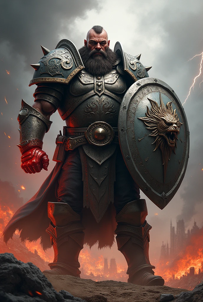 A half-orc wearing heavy armor, wielding a large silver shield and in his right hand, a red gauntlet