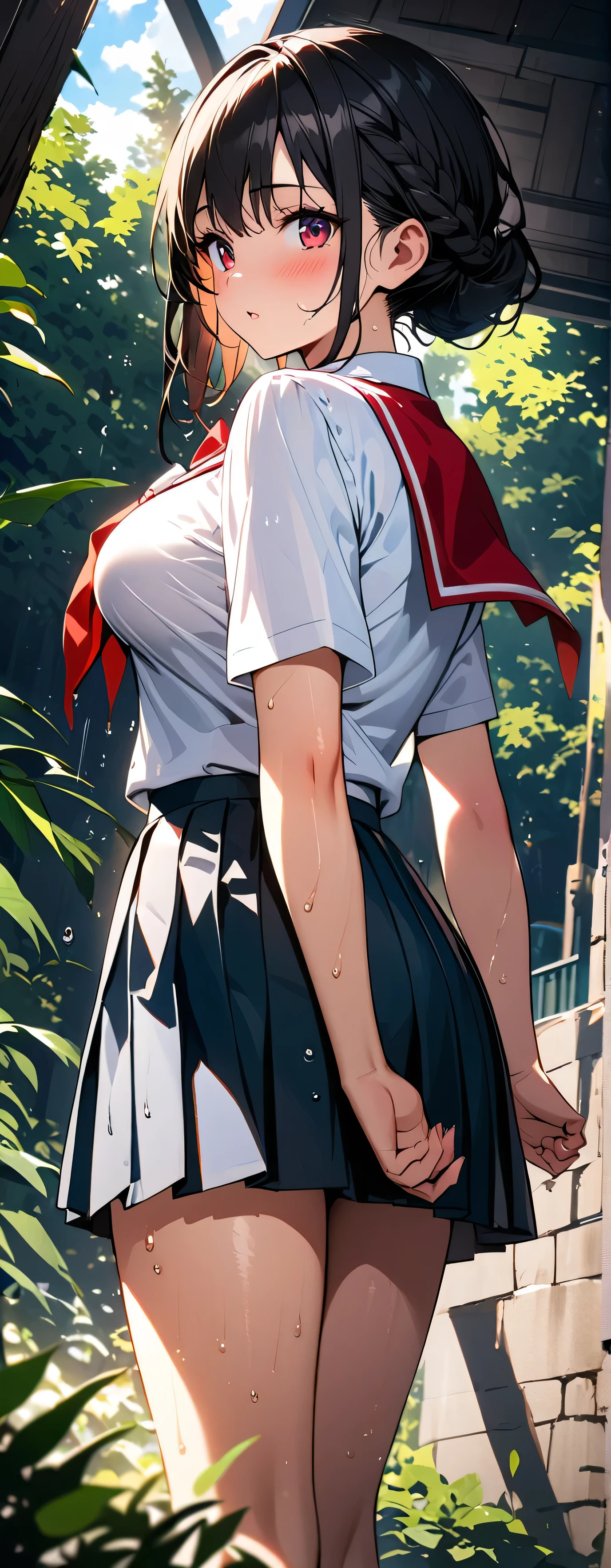 , (beautiful girl: 1.3),1girl,masterpiece, Highest quality, Ultra-high resolution,rich contrast,super high quality,8k,Highly detailed CG unit wallpaper,texture,Incredibly absurd,Ultra-high resolution,RAW Photos,Depth of Field 1.2,overlooking,(magnificent panorama view:1.3),(High School Uniform&Pleated skirt:1.5),Black Hair,Crown braid,Ultra-detailed eyes,(sensuous),Glowing Skin,loafers,leaves dripping with rain,sunlight through trees,post-rain aroma,Her jacket is open and her breasts are exposed,blush,Haa,Sigh,look up,(((Wet))),((Large Breasts))