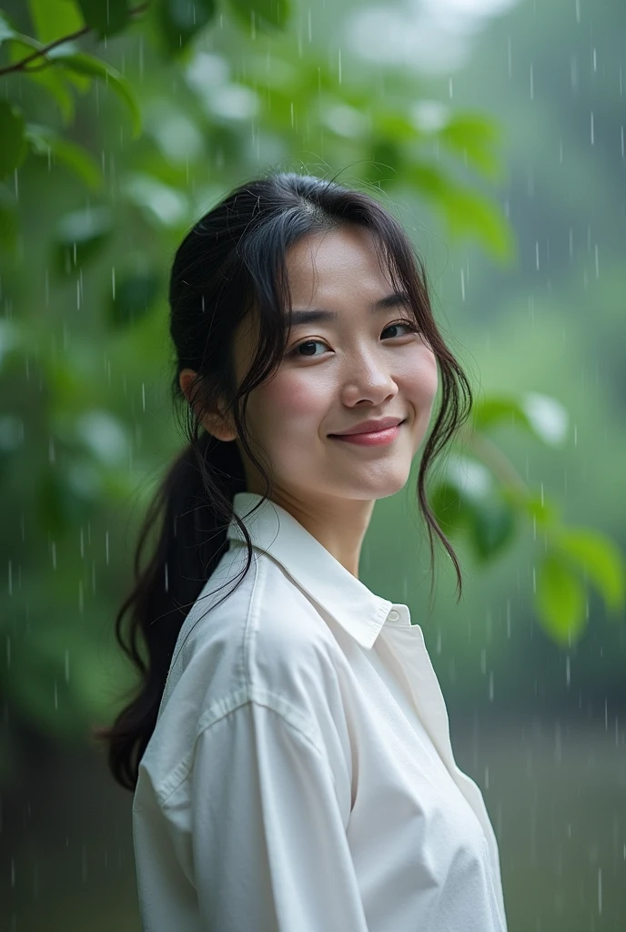 A selfie of a 43-year-old Japanese woman wearing a white shirt。Clothes are wet in the rain。It shows her inner peace and outer charm.。