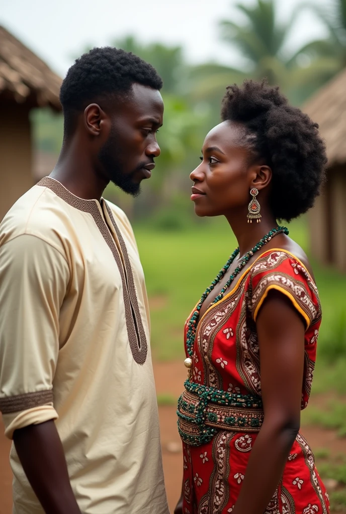picture of a 30 years old man talking and staring into the eyes of a beautiful 25years old igbo lady
picture of a man talking to a lady facing each other in a local village a Nd both look serious and thel Ady on IG o attire