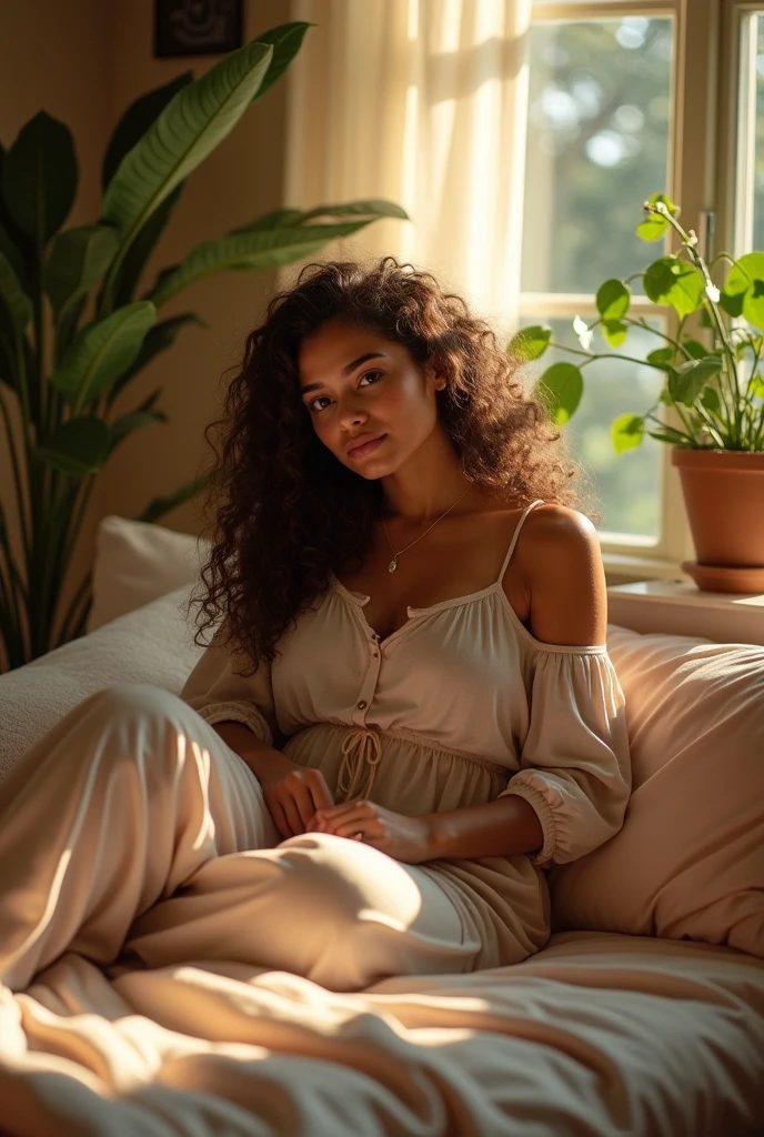(photorealism:1.2), beautiful woman, sitting on bed, wearing loose off-shoulder top, pajama pants, long curly hair, indoors, soft lighting, plants in background, window with sunlight, cozy room, relaxed pose, realistic, intricate details, warm colors, by Greg Rutkowski, by Alphonse Mucha
