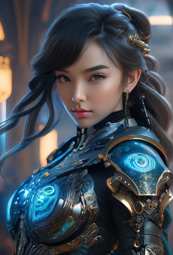 (Best Quality, 4K, 8K, High Resolution, Masterpiece: 1.2), (Super Detailed, Realistic, Photorealistic:1.37), A woman in futuristic clothing, (erotic and sexy:1.4), Trending on cgstation, Trending on cgstation, (Portrait of a girl in the Knights of the Zodiac:1.4), (blunt bangs:1.7), Cute Cyborg Girl, Perfect android girl, Portrait Astronaut Girl, Beautiful girl cyborg, Girl wearing black pale blue iridescent mechanical cyber armor, Game CG, cgsociety and fenghua zhong, Beautiful Cyborg Shrine Maiden, Bioluminescence, (Gal Gadot:0.6), Anatomically correct grip, Anatomically correct four fingers and one thumb, (long claws:1.4), erotic and sexy, A gorgeous cape with beautifully detailed embroidery, energy ball
