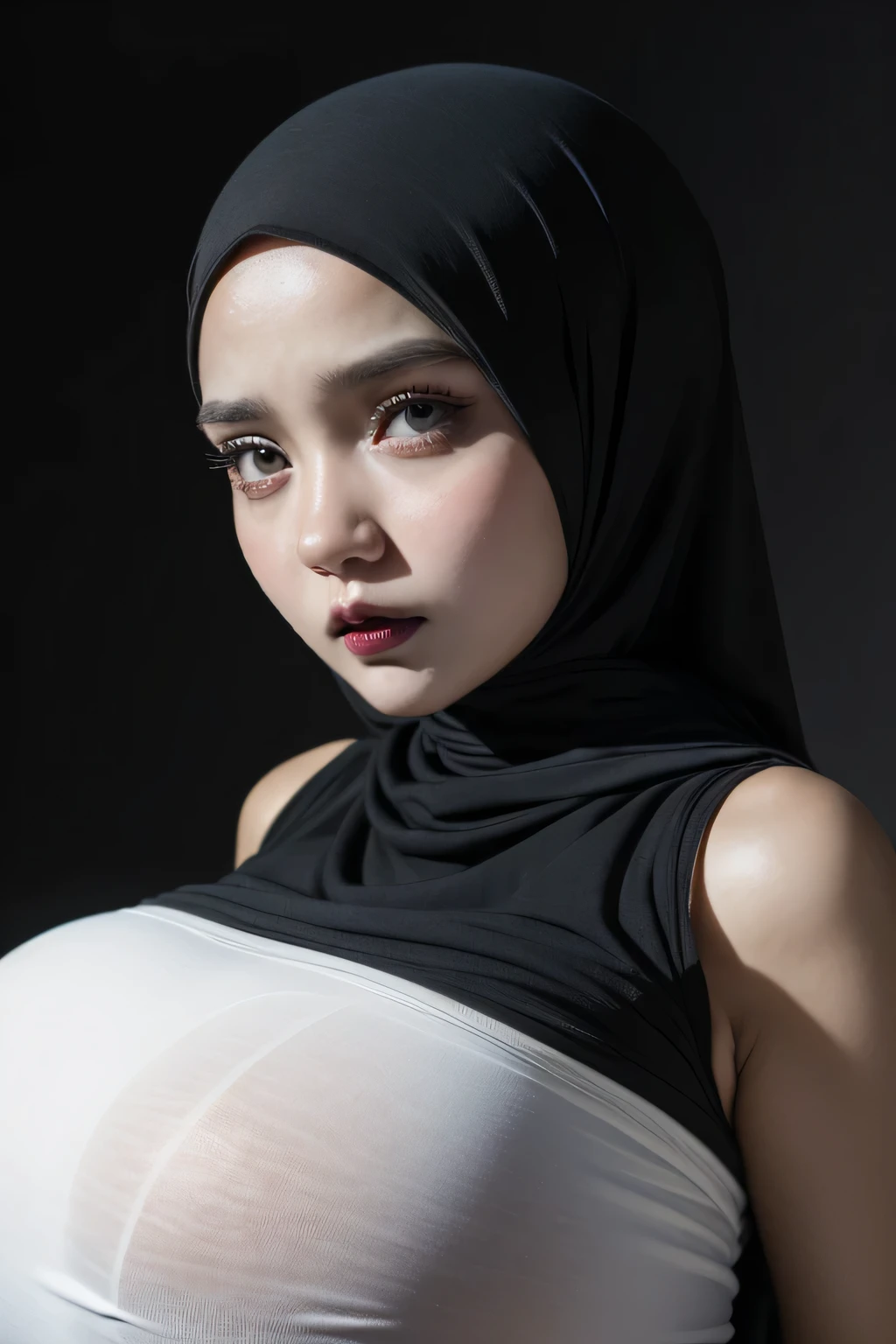 ((GOTHIC GOTH GIRL BLACK LIPS)), Jumbo (Singlet), Chubby adorable, 1 girl, (face to face), s old, baby face, angry face expression, half body portrait, (face details: 1), (eye details: 1), ((big breasts)). wearing transparent transparency soft long shirt, hijab, .. Cute posed. proportional body. Ultra High Res. realistic: 1.4, UHD, ((white leopard pattern)), ((Bigger:2.4)), (((DARK BACKGROUND)))