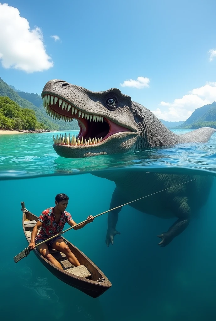 A MOSASAURUS swimming on the surface of the ocean with its mouth wide open showing sharp, jagged teeth. There is an Indonesian man, 20 years old, fishing from a boat.. (A realistic HD image of the real world)
