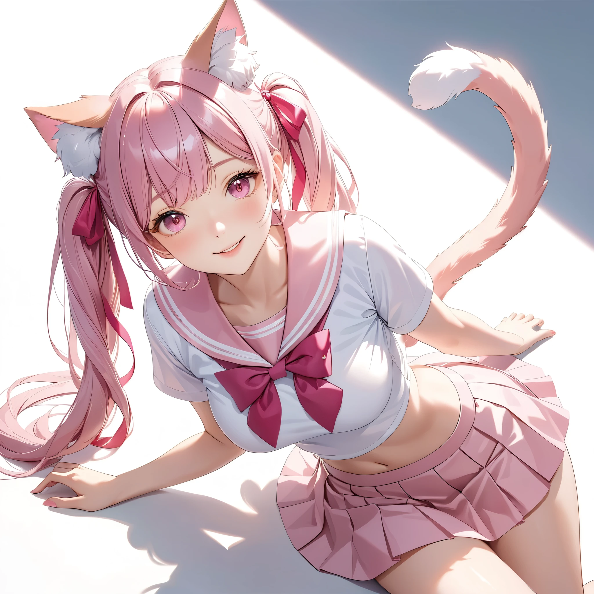 (8K, masutepiece, Best Quality, Official art, Breathtaking beauty and aesthetics, highly beautiful lighting, highly beautiful detailed), (1 Girl, Solo), (), (beautiful detailed face), (shiny white skin), (Beautiful big bust, cleavage, thighs, navel focus:1.3), (beautiful detailed pink twin tails hair, Bangs:1.3), (beautiful detailed drooping pink eyes:1.5), (high school uniform:1.3), (patsel pink sailor collar, white short sleeves short length outing shirt, pastel pink pleated skirt, patsel pink ribbon:1.3), (happy smile:1.2), (cute cat ears, cute fluffy cat tail:1.3), (Attractive, sensational, look at the camera, cute pose, lying, lie on her back, from above:1.3), (simple white plain background:1.5),