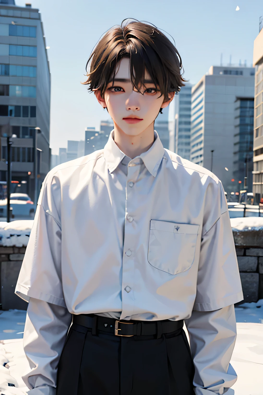One boy, light brown hair, White skin, 18 years old, super detail, masterpiece, 8k, korean, amazing, Idol, high quality, Refreshing, high quality, androgynous boy, Refreshing, winter, clear, Natural lighting, Make your eyes look more natural, prime, The season of snowfall, High Quality, 한winter, white shirt, black pants, student, broad shoulders