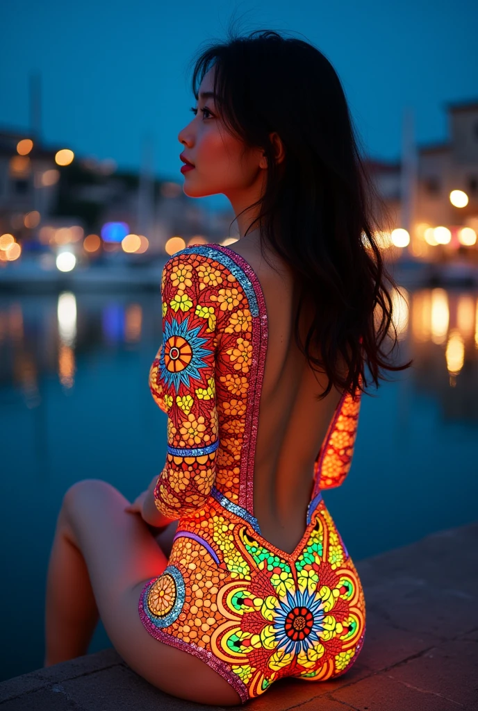 (masterpiece, Highest quality), 8k,(((Very detailed))), Race:1.8, Super intricate Race pattern, colorful Race pattern, Beautiful stained glass transparent body, Mandala,light up, 1 female, Open Back, 18 years old、Japanese, beautiful girl, Intelligent face, Photo of Lee Jae, sultry body with セクシー belly, Sexy girl, Young sensual elegance, Sexy body, delicious, Sexy look, Very Short Hair、Night viewのきれいな港で撮影、Night view、 Intelligent face、Narrow waist、Large Breasts、Open your mouth a little、Smile a little、EOS 50mm F2, Blur the background、Lighting the face、Sitting、Beautiful breasts、See-through underwear、Dynamic pose、Curvy Body、Beautiful ass、Looking at the sky、Thigh、Space under the buttocks、