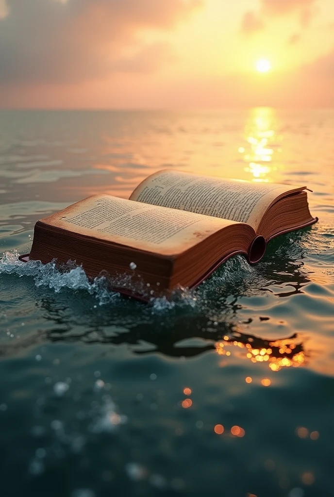 Giant open book floating diagonally on ocean sunrise