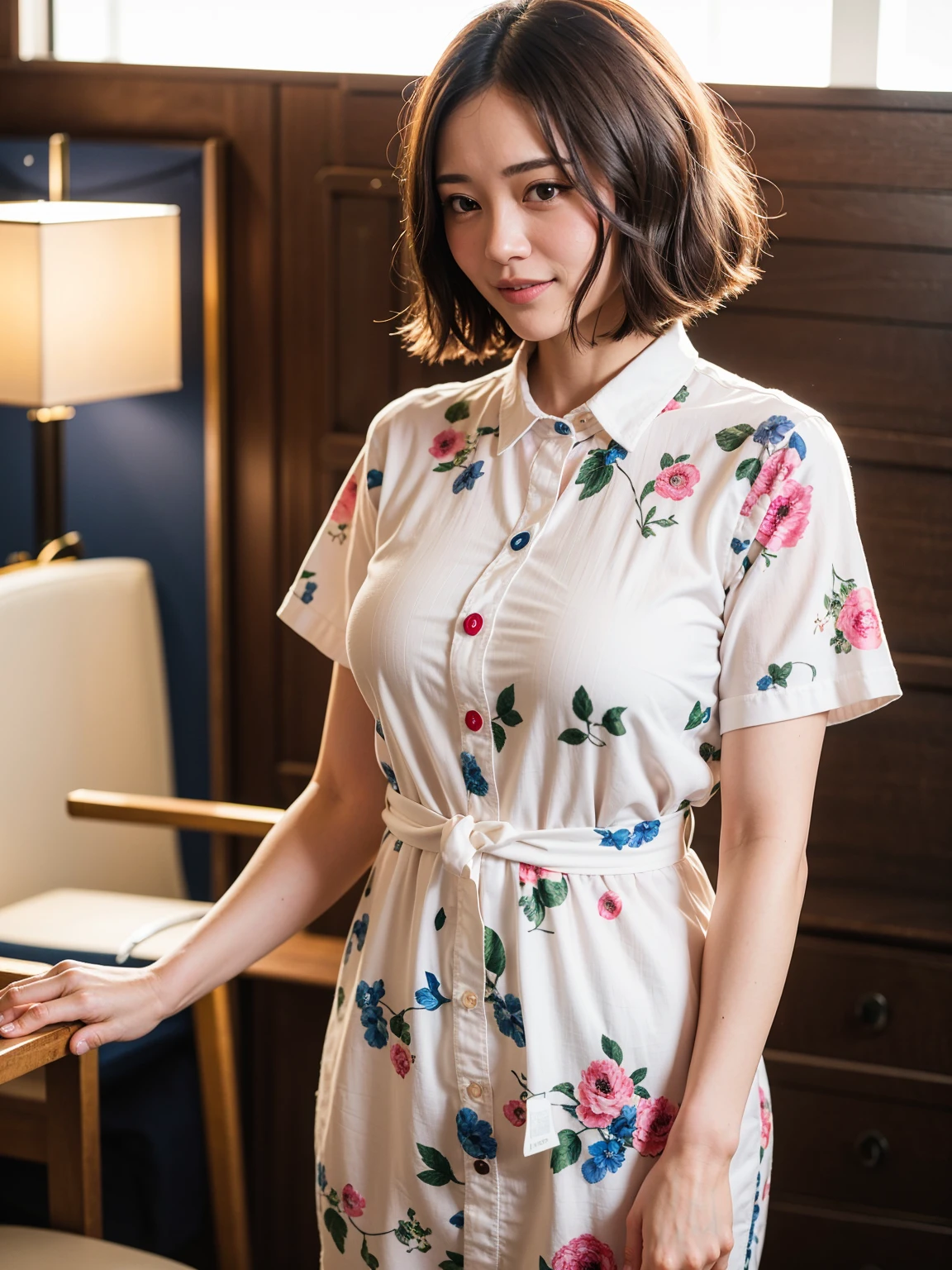 Top quality, A beautiful woman with an elegant yet casual style, shy smile, wearing a patterned shirt that features intricate designs, such as floral prints, geometric shapes, or abstract patterns. Her shirt is slightly unbuttoned at the top, adding a relaxed and confident vibe to her look. She has a soft and natural makeup, with her short hair styled in loose waves that frame her face gracefully. The colors of the shirt are vibrant yet harmoniously balanced, drawing attention to the unique pattern. She is standing in a chic, modern interior setting, with soft lighting that highlights her stylish appearance. swayback
