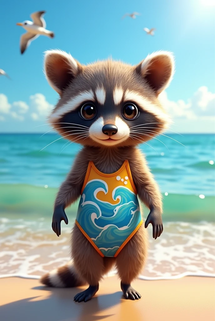 A small raccoon standing on its front paws, facing forward.。
Big eyes with a cute, human-like expression。Slightly larger head than body。limbs are short。
Swimsuit attire。
Glossy texture。
The background is the sea。