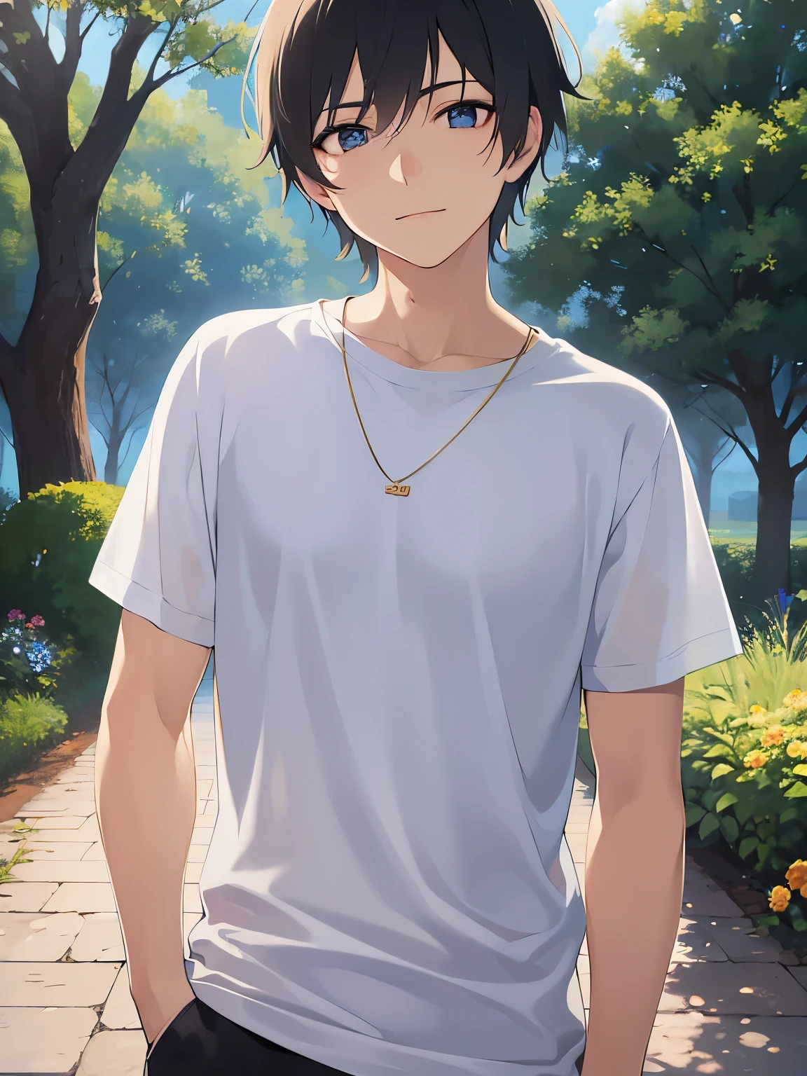 side angle, upper body、shiny skin, masterpiece、Highest quality、(25-year-old male:1.5) and (Black short hair) and (blue eyes), BREAK (white) and (T-Shirts) BREAK 立っている、smile, The background is a park、alone