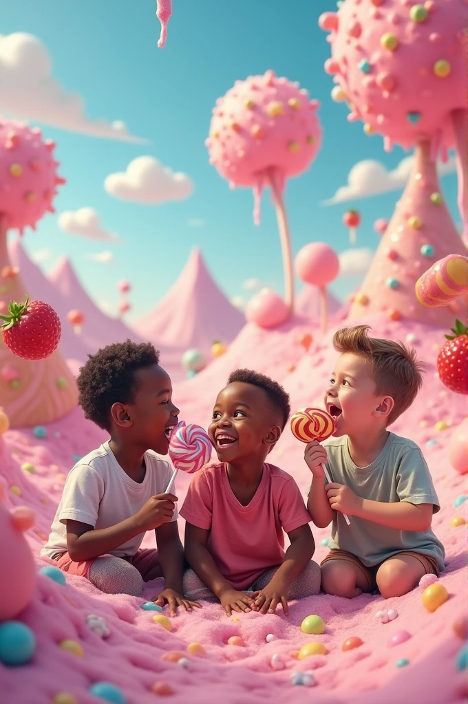 Three boys, a white two blacks in a sweet world licking in syrup