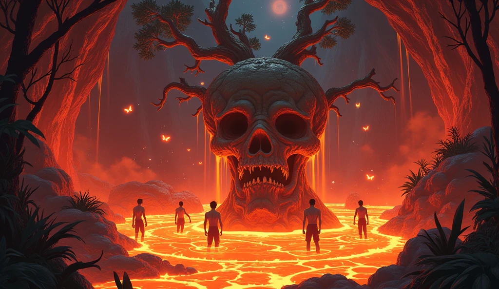 This image has to be in anime style. There's a sea of boiling magma inside a cave, with a tree in the center and several male teenagers bathing in the hot magma. There's a very different vegetation in that cave. The male teenagers are bathing and having fun by a skull carved in the stone, spewing the magma in that sea of glowing magma. There are several moths flying in the cave.